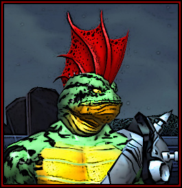 A humanoid toad with a spiked armored shoulder pad and a red fin on his head. His skin is green with black stripes.